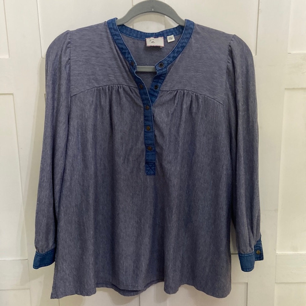 Anthropologie Postage Stamp 3/4 Sleeve Henley Top Blue with Snaps Size Small